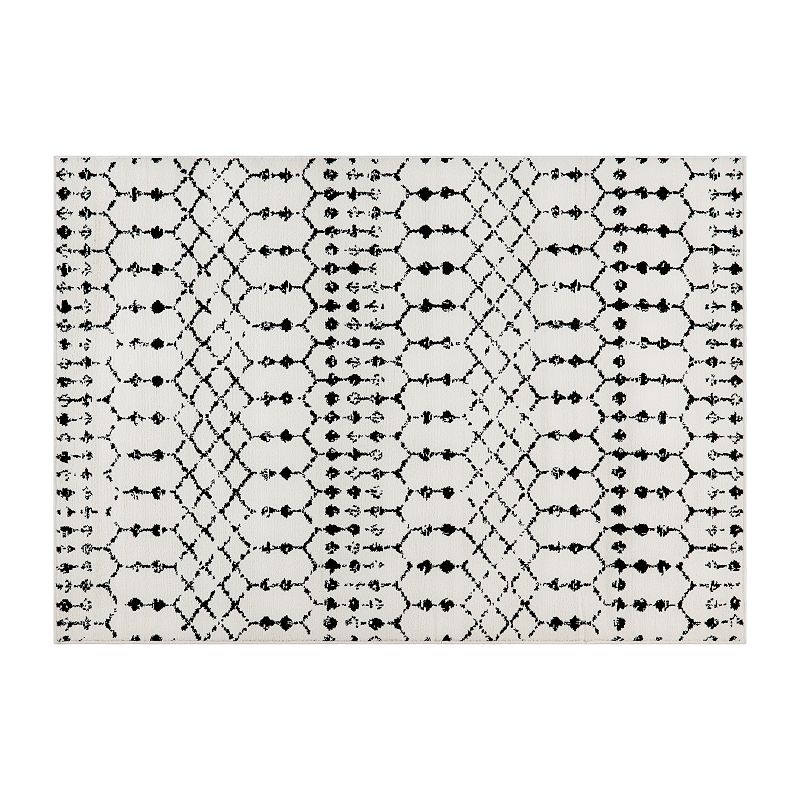 Merrick Lane Ivory Bohemian Low Pile Rug with Black Geometric Design - 5' x 7'