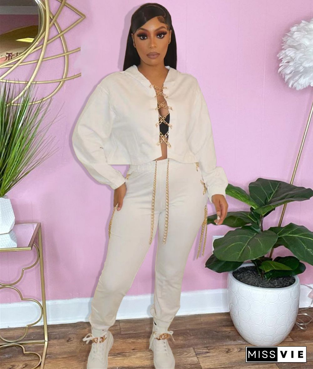 Chain Lace Up Hooded Sweatshirt and Jogger Pants Suit