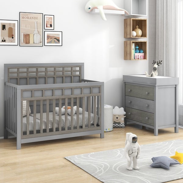 3 Pieces Nursery Sets Baby Crib and Changer Dreeser with Removable Changing Tray - - 37797197