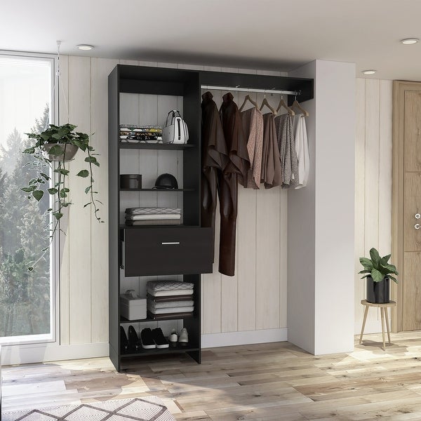 Simple Style Open Wordrob with 4 Shelves and 1 Drawer， Hanging Rob Included - - 37938172