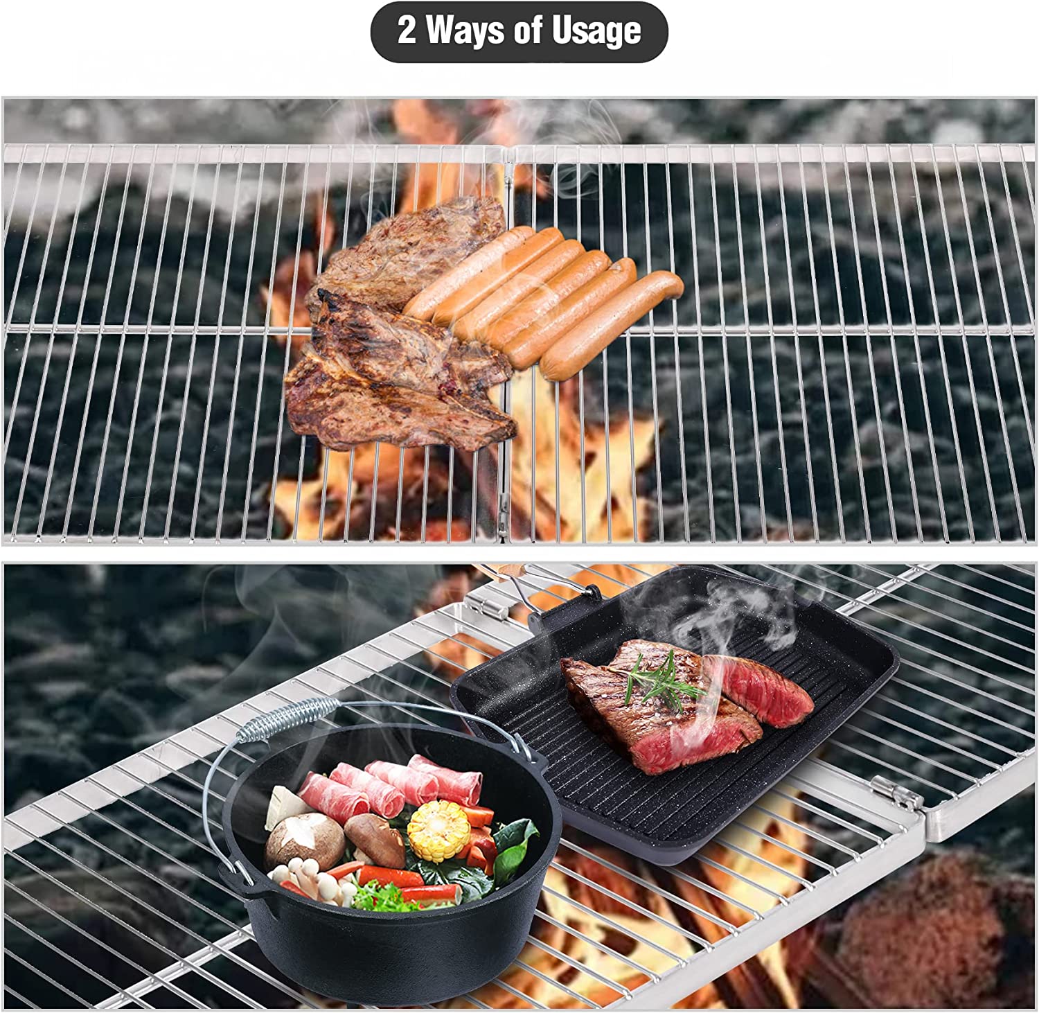 Lineslife X-Marks Stainless Steel Fire Pit Cooking Grill Grate, Heavy Duty Folding Outdoor Rectangle Campfire BBQ Grill with Handles, Camping Cookware and Accessory, 36 Inch