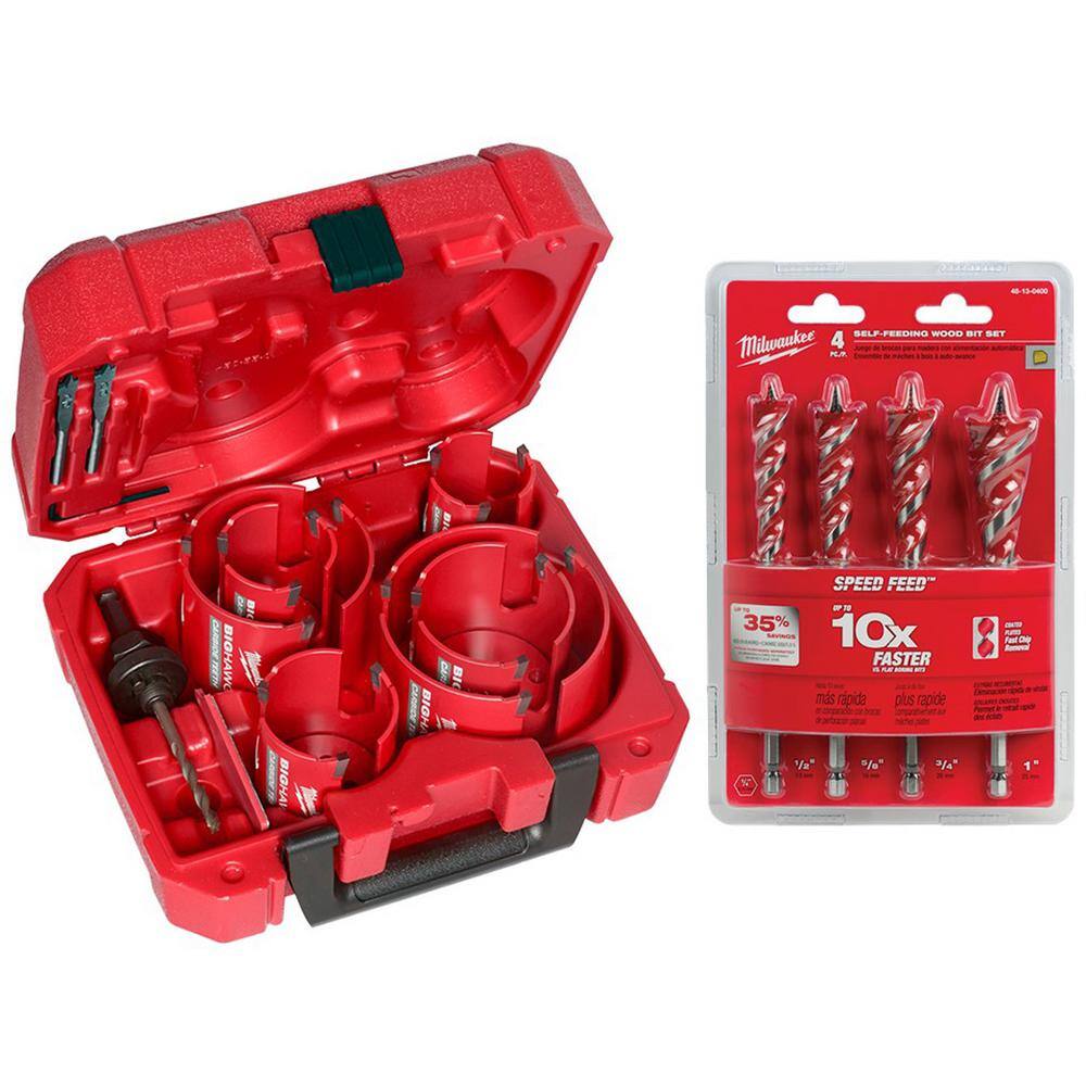 MW BIG HAWG Carbide Hole Saw Kit with SPEED FEED Auger Wood Drilling Bit Set (14-Piece) 49-56-9290-48-13-0400