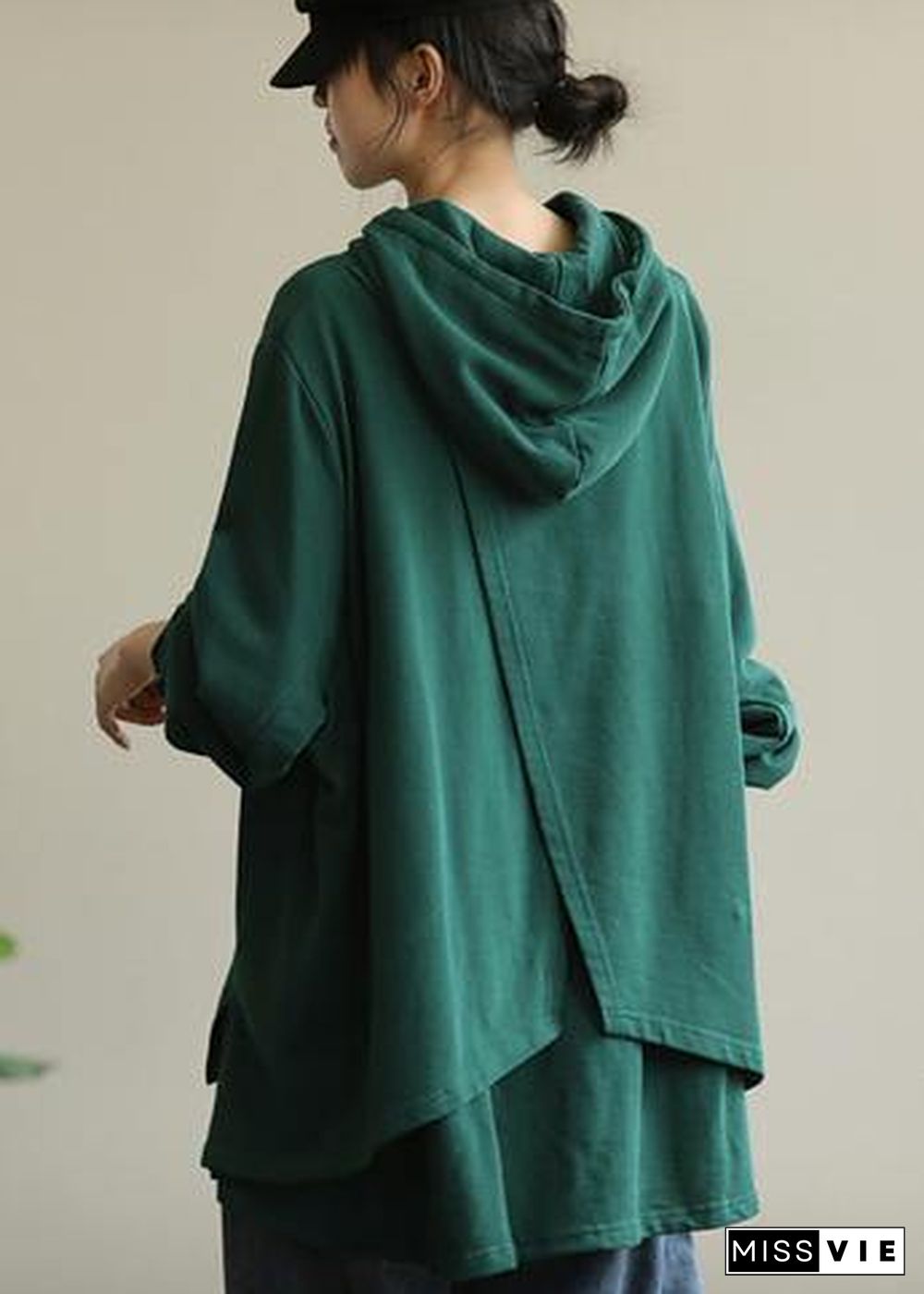 Unique green tunic pattern hooded drawstring Plus Size Clothing blouses