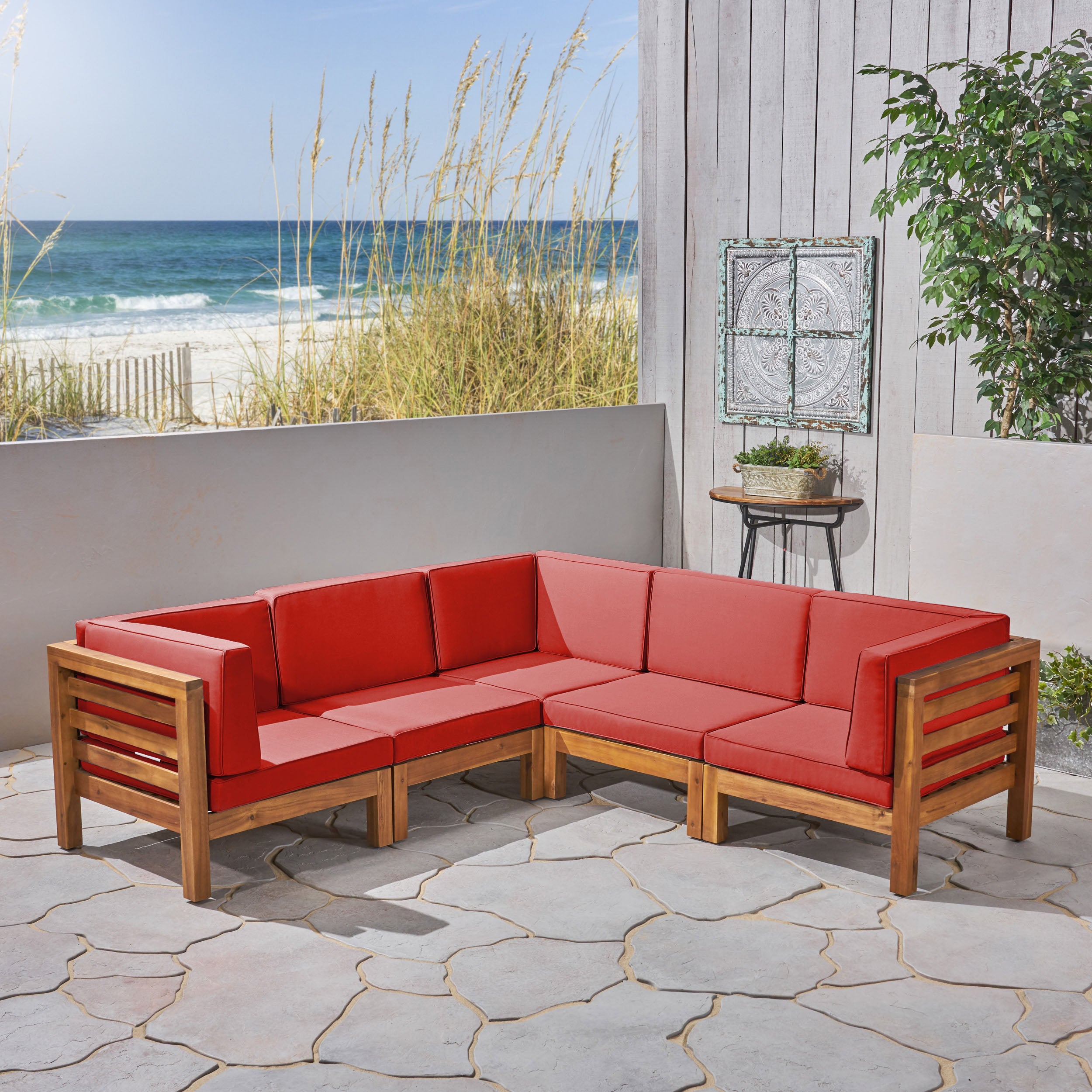 Dawson Outdoor V-Shaped Sectional Sofa Set - 5-Seater - Acacia Wood - Outdoor Cushions