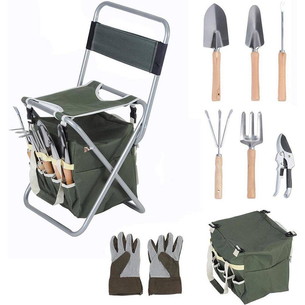 9-Piece Garden Tools Set Ergonomic Wooden Handle Sturdy Stool with Detachable Tool Kit Bos-CYD0-EE2V