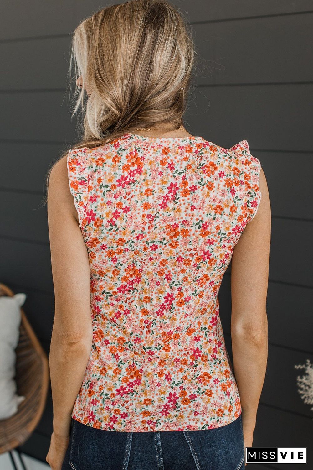 Red Floral Ribbed Knit Frill Tank Top