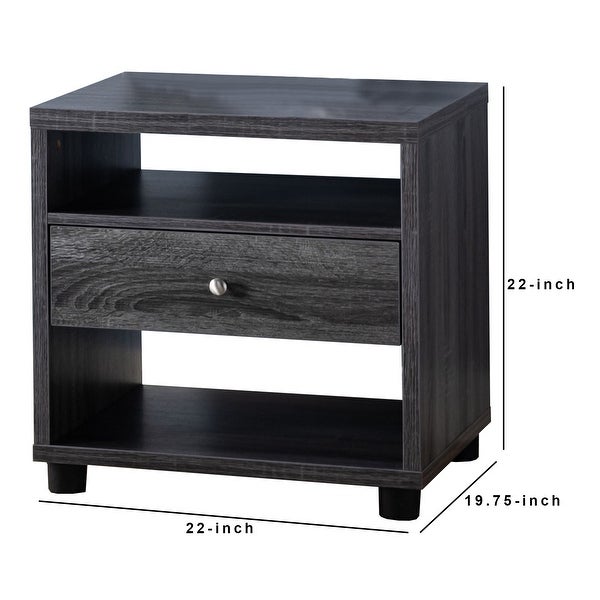 1 Drawer Wooden End Table with 2 Open Shelves， Gray