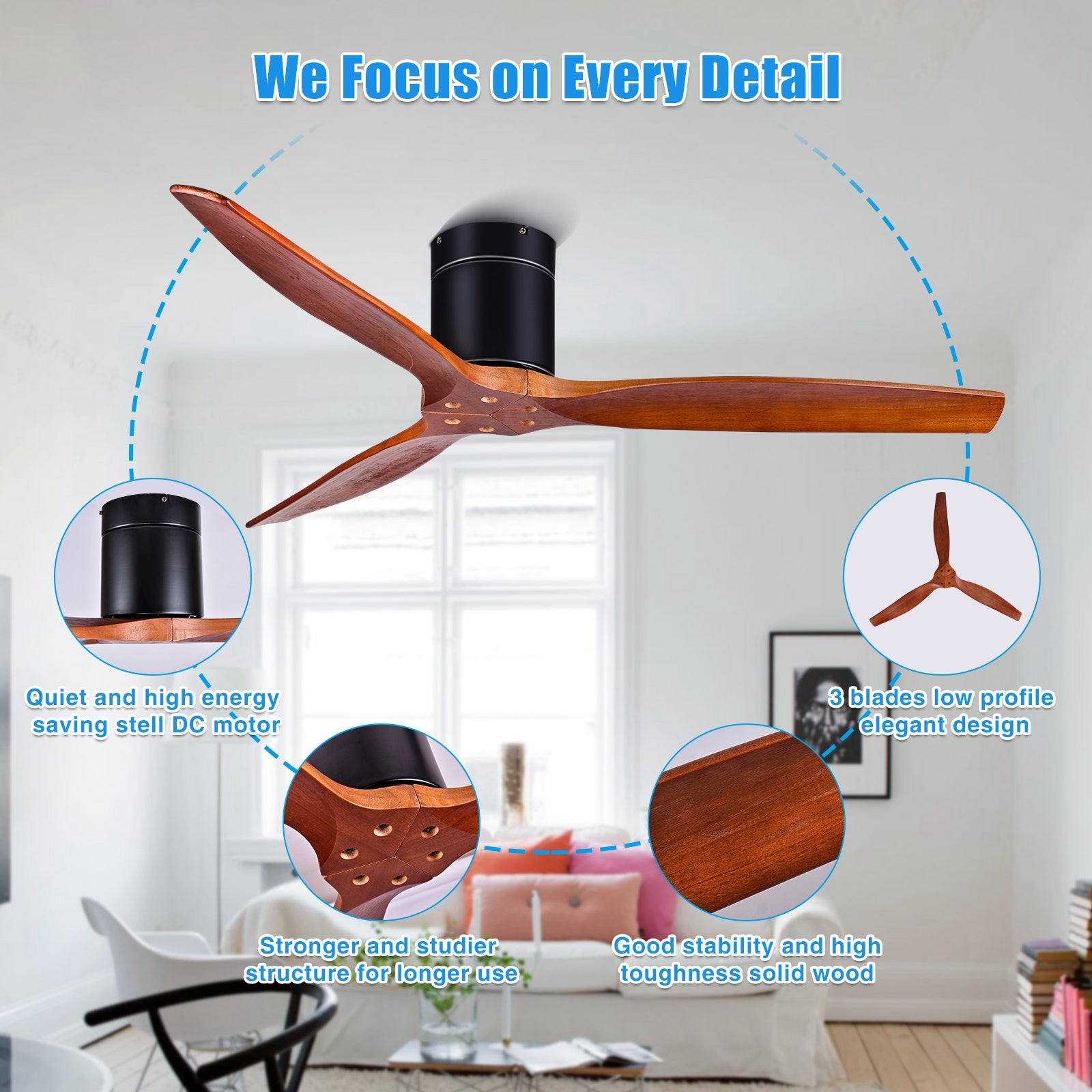 52 Inch Flush Mount Ceiling Fan with Remote，3 Blades Brown Solid Wood Ceiling Fan， Reverse Airflow