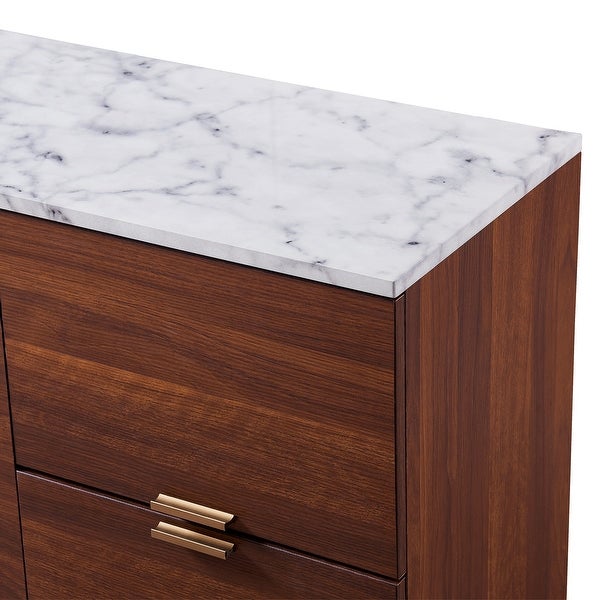 Wooden Sideboard Storage Cabinet with Faux Marble Top， White/Walnut