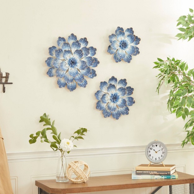 Set Of 3 Metal Floral Wall Decors Blue Olivia amp May