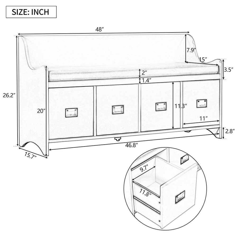 White Entryway Storage Bench with Drawers and Backrest