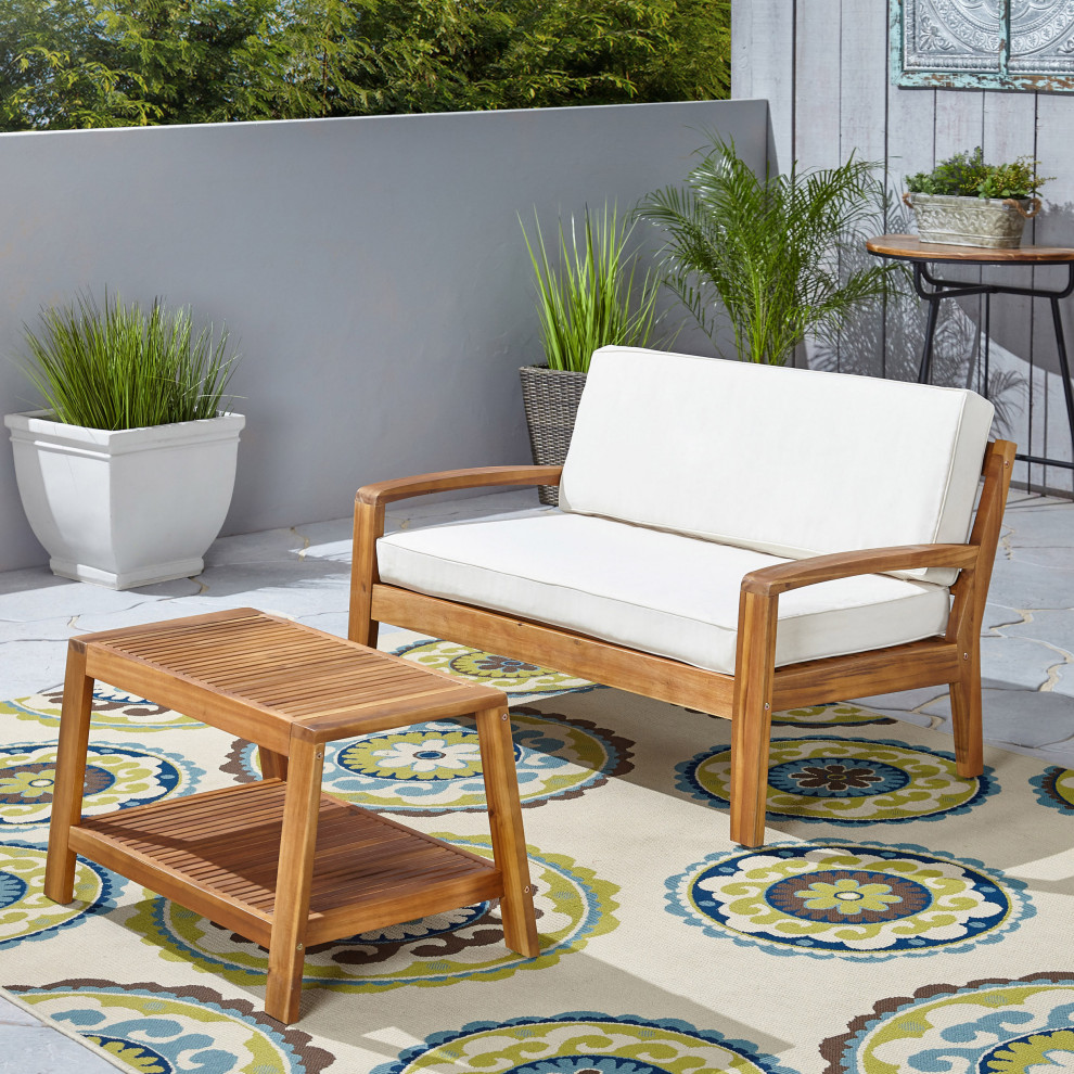 GDF Studio Christian Outdoor Acacia Wood Loveseat/Coffee Set   Transitional   Outdoor Lounge Sets   by GDFStudio  Houzz