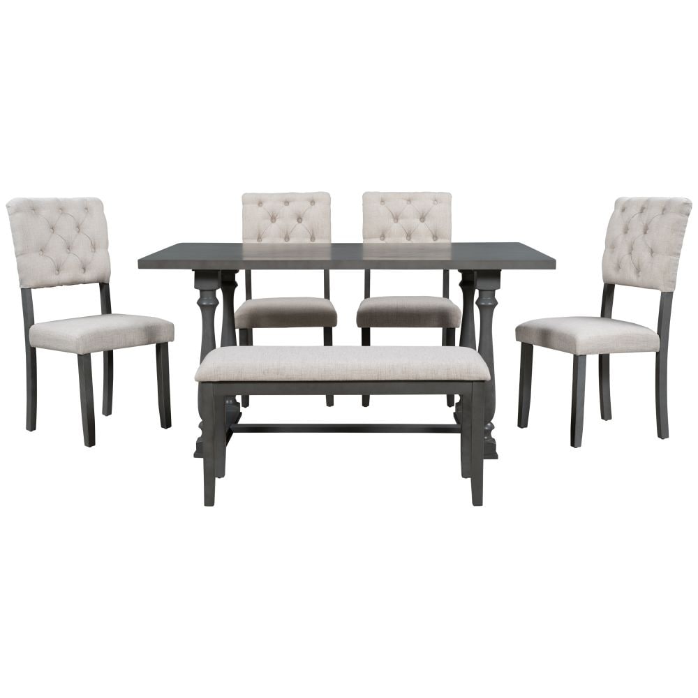 6 Piece Dining Table and Chair Set with Special shaped Legs and Foam covered Seat Backs Cushions for Dining Room