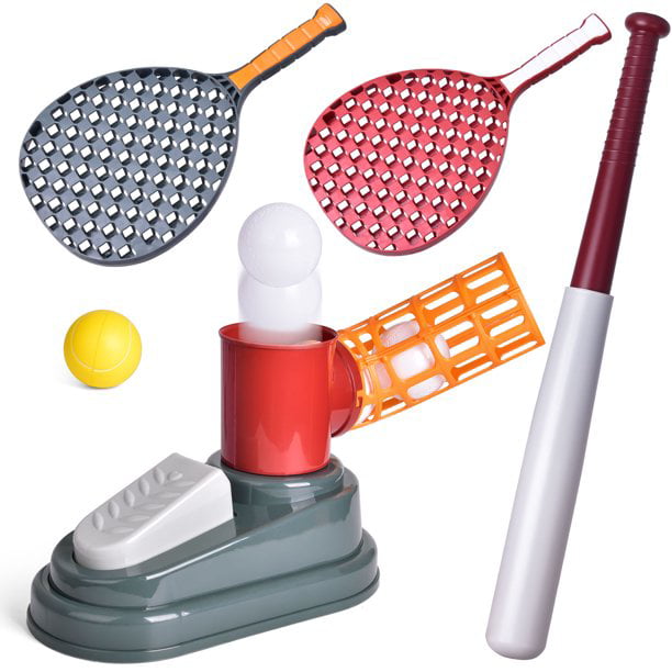 Fun Little Toys Tennis and Baseball 2 in 1 Pitching Machin Toy, Automatic Pitcher Play Set, Training Toy Set for Kids, Outdoor Sport Games, Gift for Boys and Girls