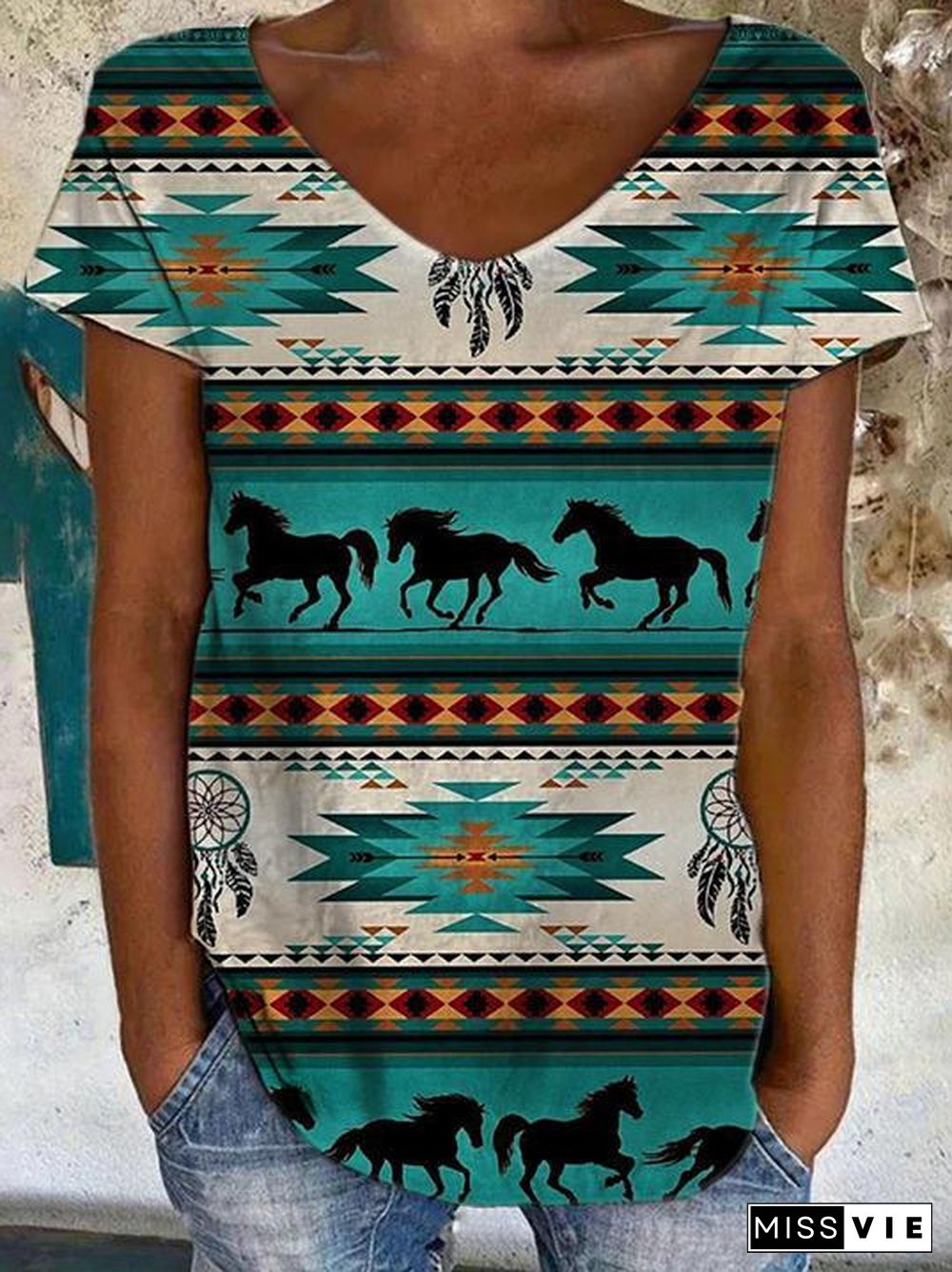 Horse Stripe Turquoise Print V-Neck T-Shirt