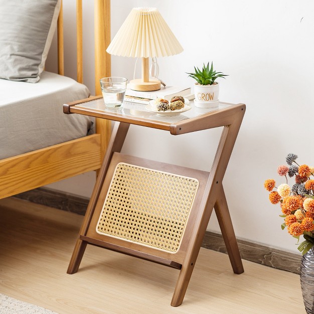 Costway Rattan Side Table Bamboo Accent Bedside Table With Tempered Glass Top Walnut natural