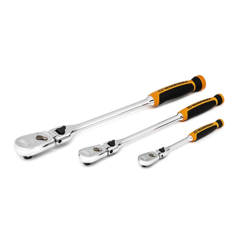 3 Pc 1/4， 3/8 and 1/2 Drive 90 Tooth Dual Material Locking Flex Head Ratchet Set ;