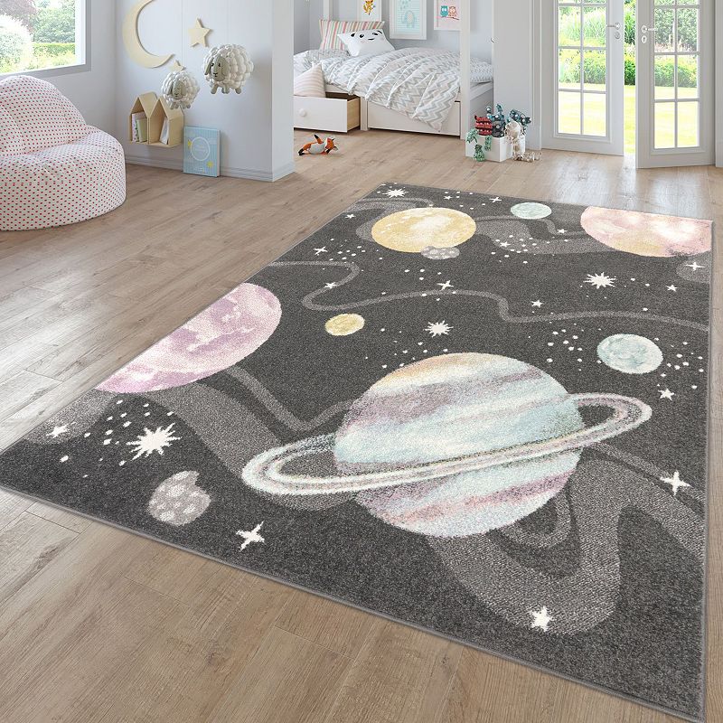 Kids Rug Nino Space with Planets and Stars in Pastel Colors