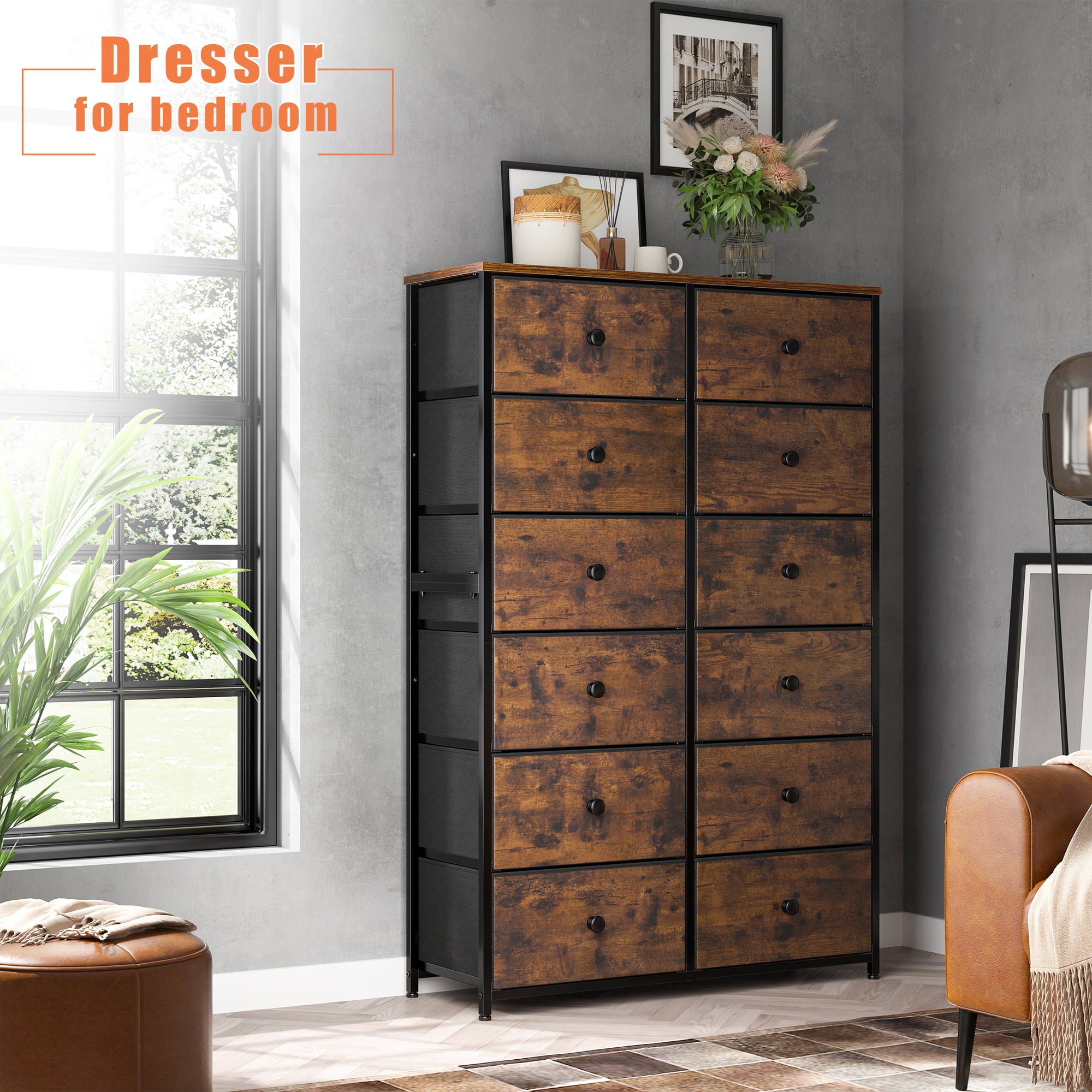 EnHomee Tall Dresser for Bedroom Dresser Fabric Chest of Drawers with 12 Drawer Dresser Rustic Slim Dresser Storage Tower for Closet, Playroom, Bedroom, Nursery, Living Room, Rustic Brown