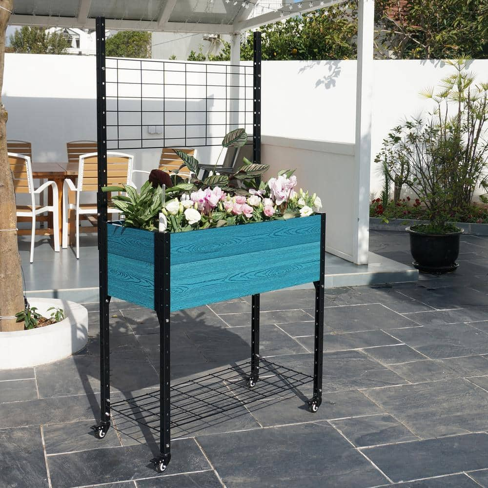 EverBloom Self-Watering 18 in. D x 69 in. H x 36 in. W Blue Composite and Steel Mobile Elevated Planter with Trellis K2301