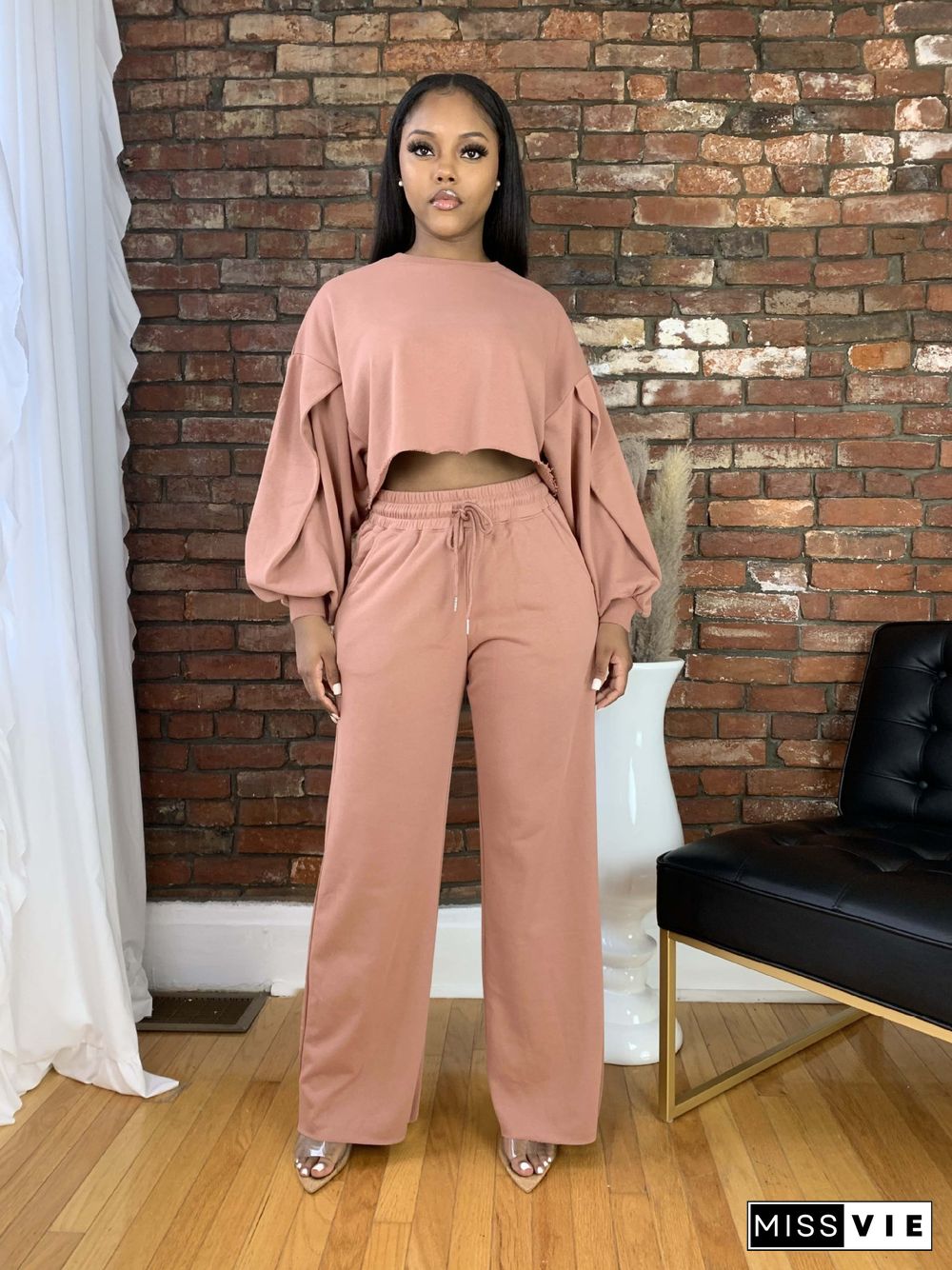 Long Sleeve Crop Top Drawstring Wide Leg Pants Set