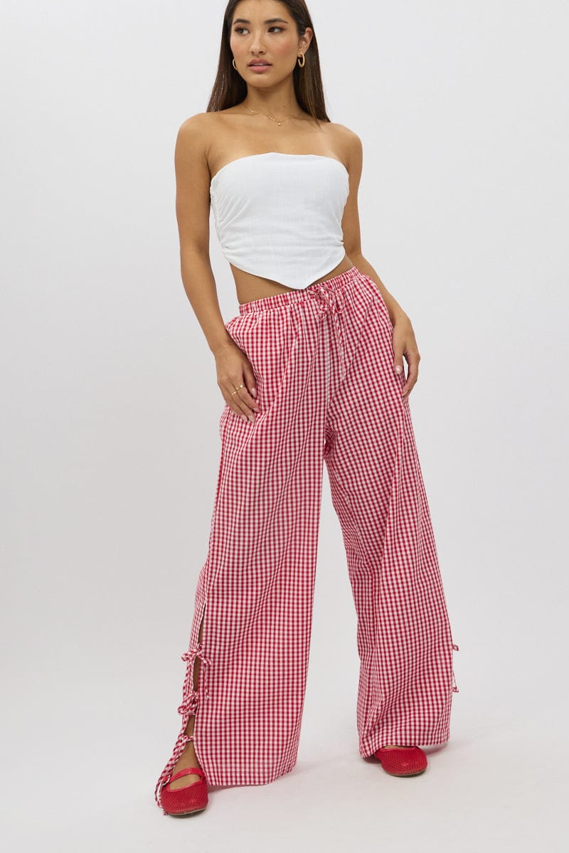 Red Check Wide Leg Pants Side Ribbon