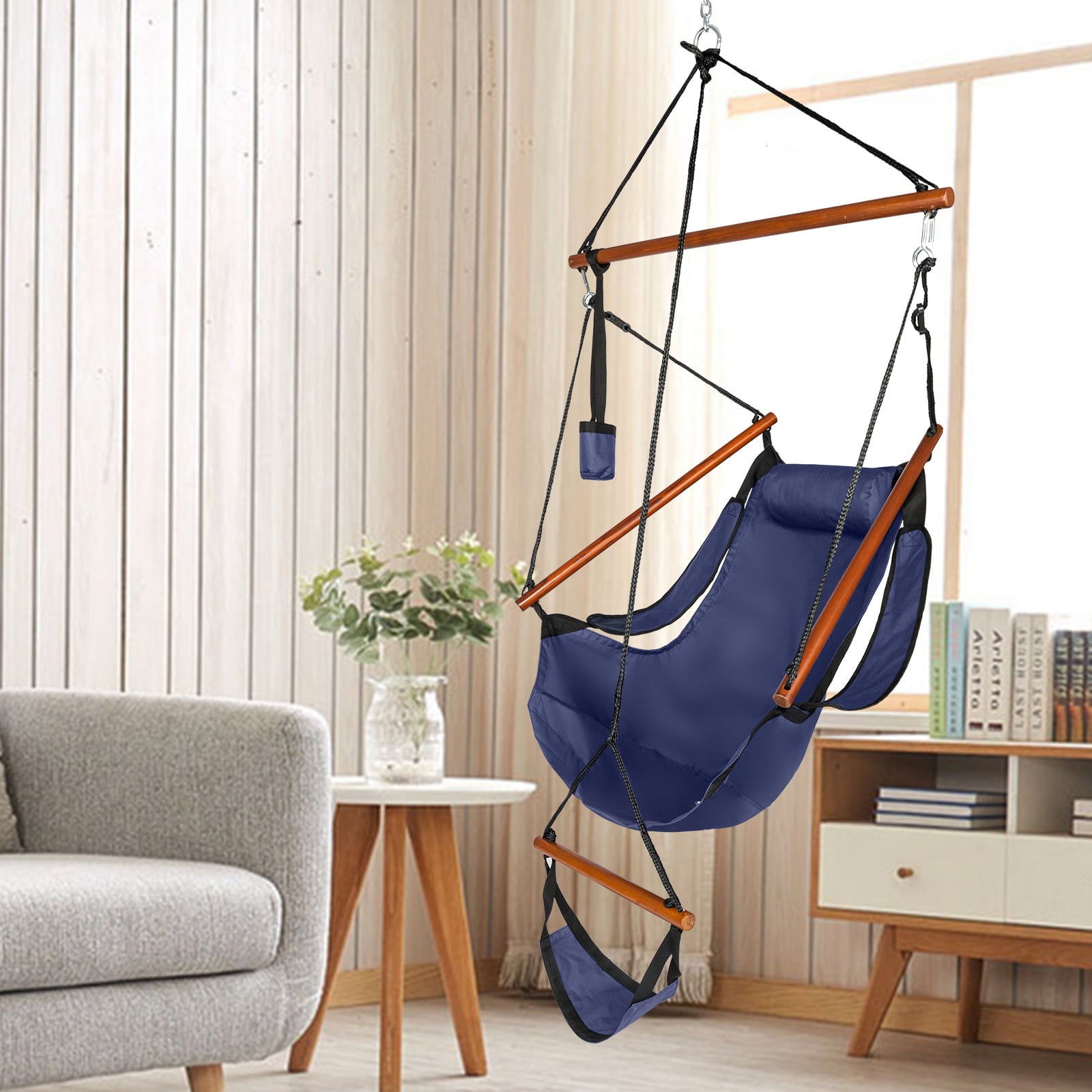 UWR-Nite Upgraded Unique Hammock Hanging Sky Chair, Air Deluxe Swing Seat with Rope Through The Bars Safer Relax with Fuller Pillow and Drink Holder Beech Wood Indoor/Outdoor Patio Yard