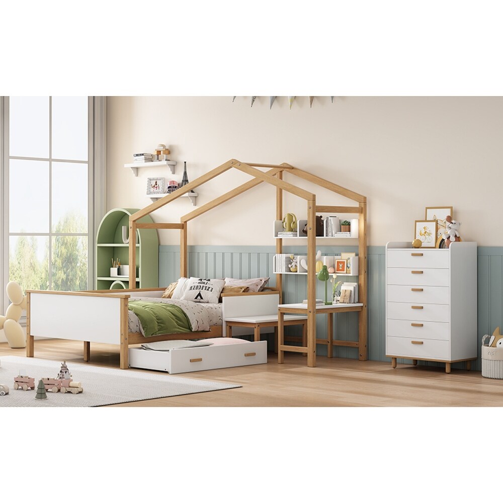 2 Pieces Bedroom Sets Full Size Wooden House Bed with Desk and 6 Drawer Chest  Platform Bed w/ Drawer and Shelves for Kids' Room