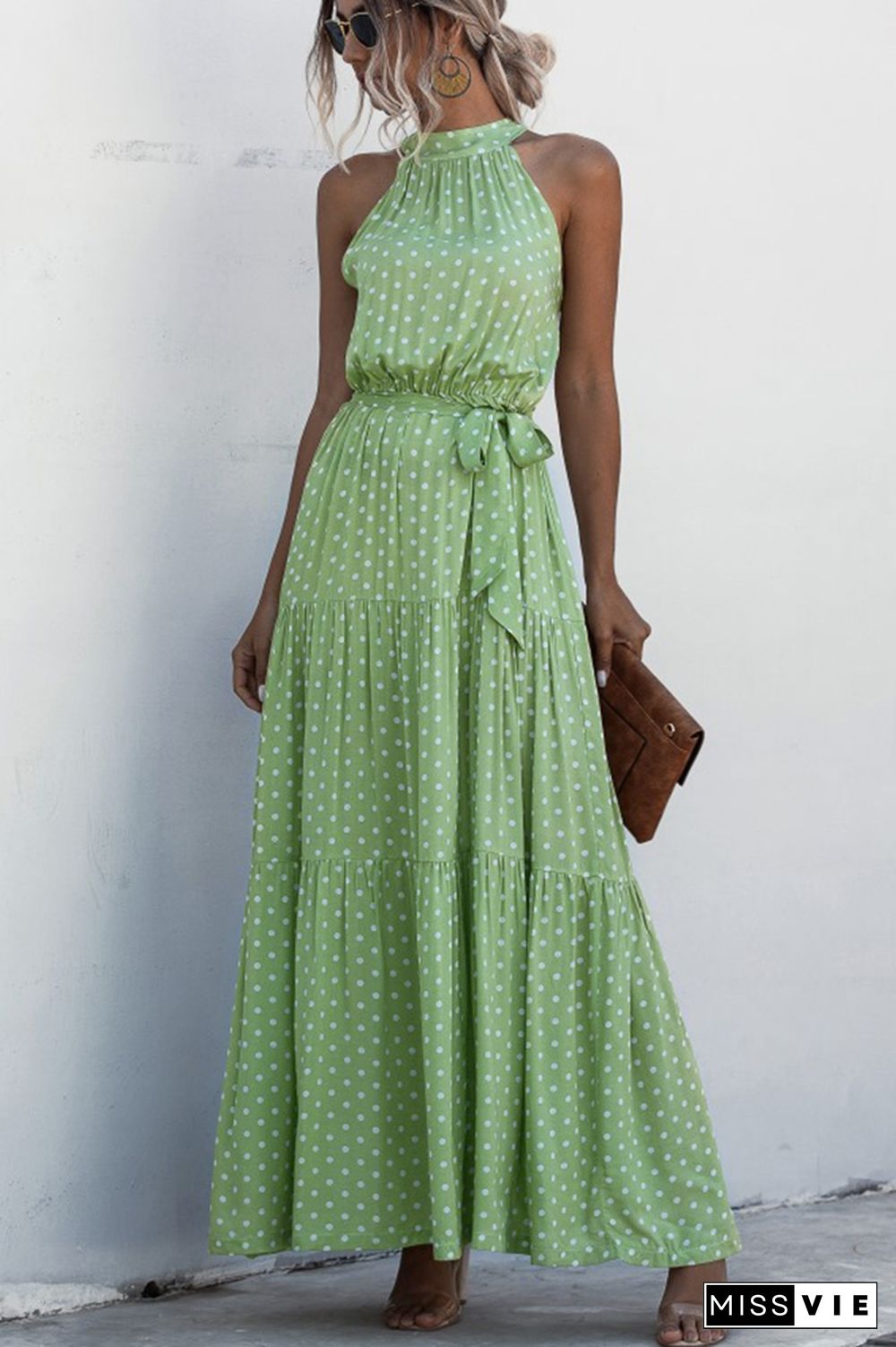 Halter Polka Dot Print Tie Waist Maxi Dress Wholesale