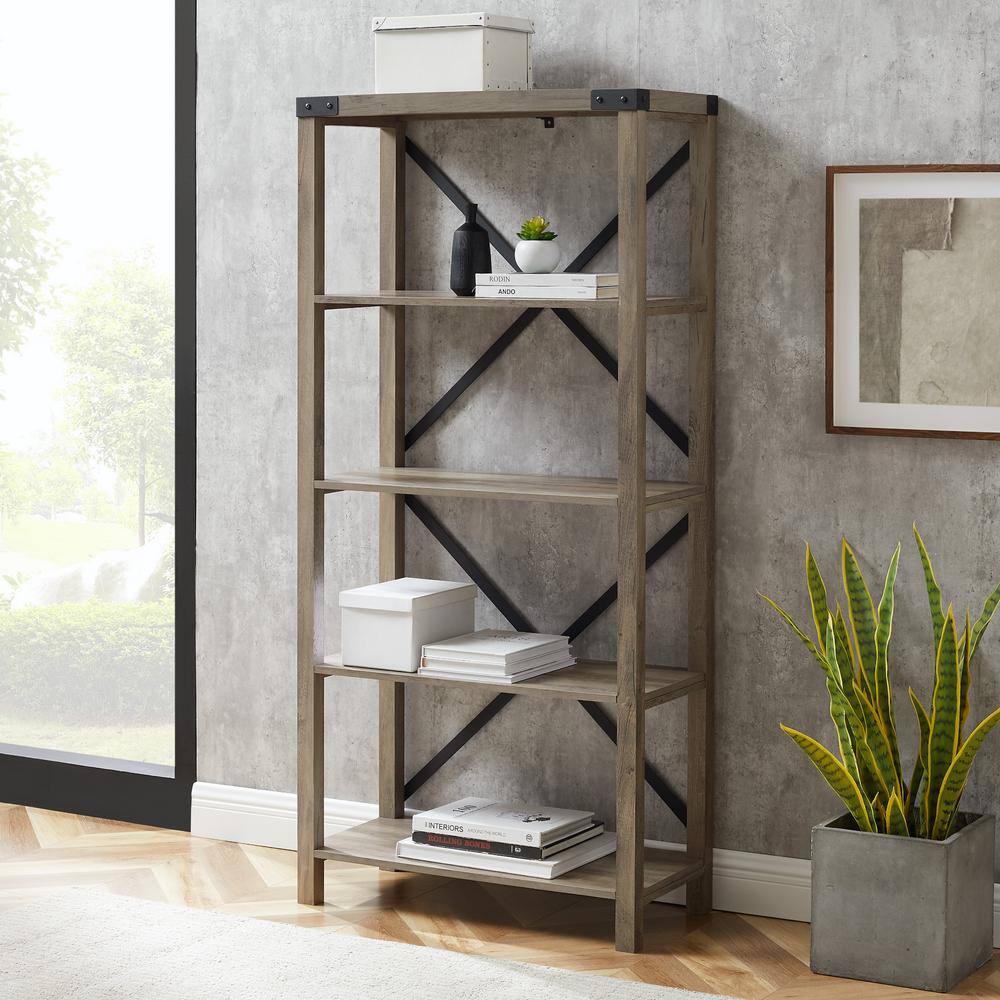 Walker Edison Furniture Company 64 in. Gray Wash Wood 4-shelf Etagere Bookcase with Open Back HDS64MXGW