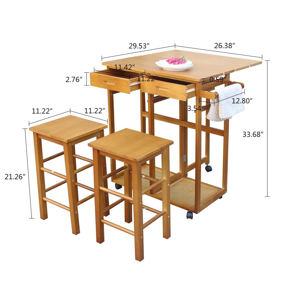 Zimtown Wood Kitchen Rolling Carts Kitchen Island Storage With 2 Stools Fold Dining Table 2 Drawers