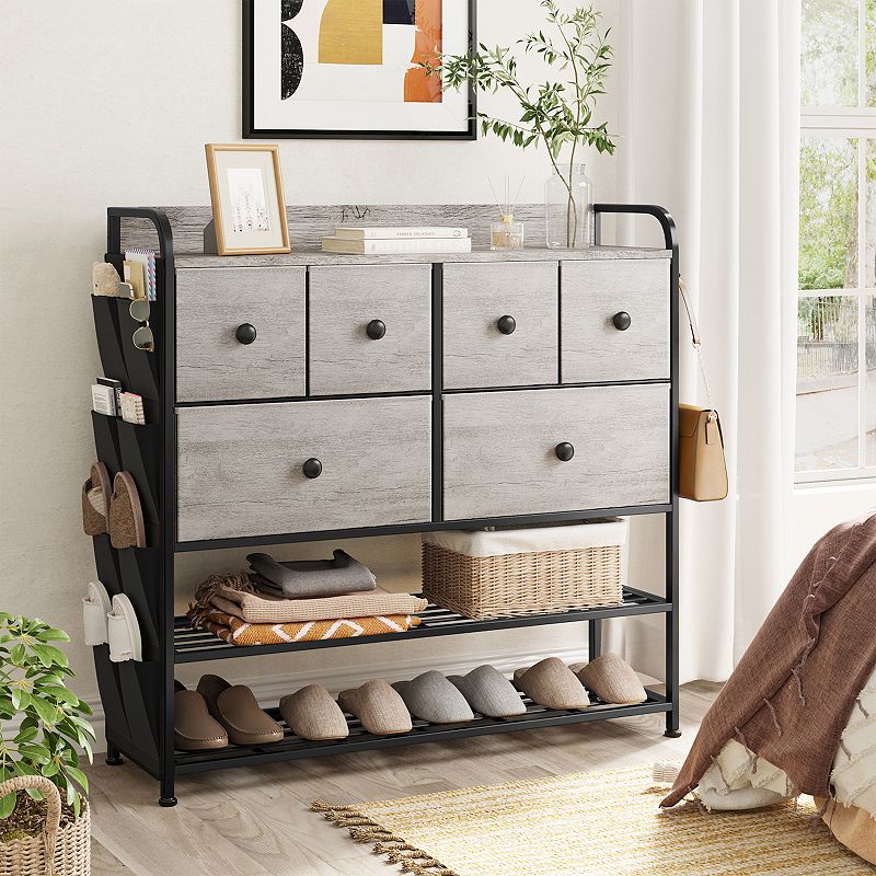 REAHOME 6 Fabric Drawer Dresser with 2 Tier Storage Shelf and Pockets， Dark Taupe