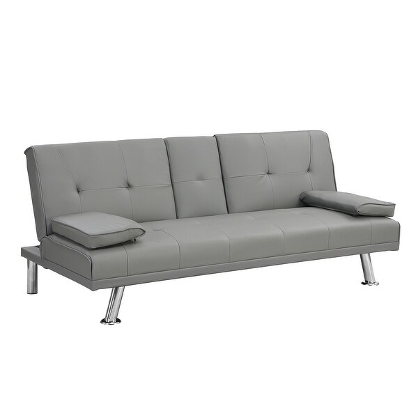 Wood Frame Futon sofa bed with Armrest， two holders