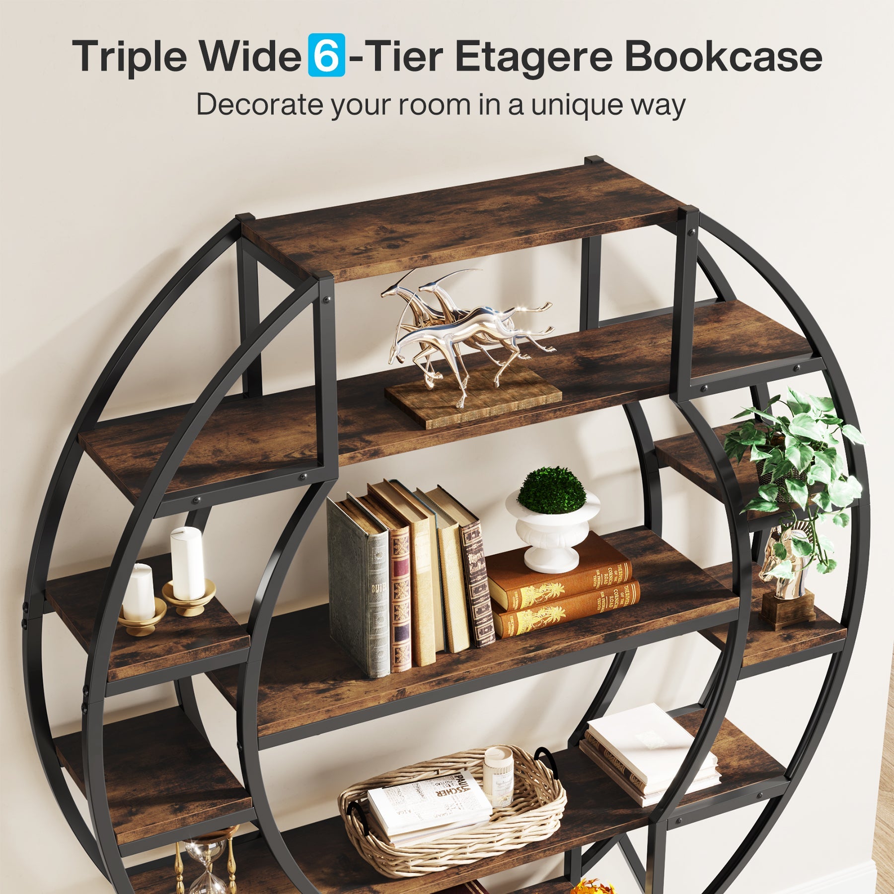 6-Tier Bookshelf, 69 Large Oval Triple Wide Bookcase with Metal Frame