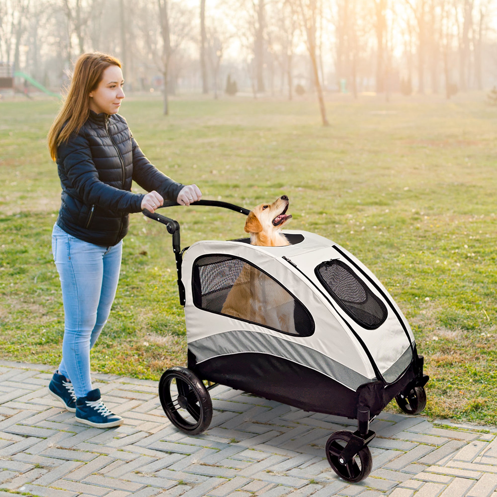 Foldable Pet Stroller for Large or 2 Dogs Cats Jogger Wagon with 4 Wheels