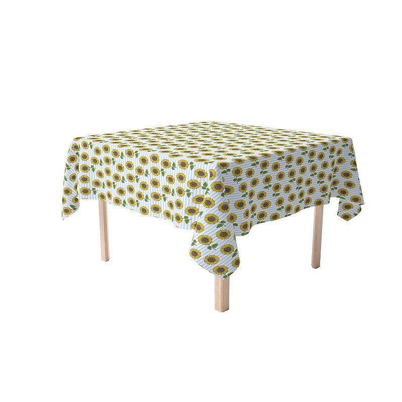 Square Tablecloth， 100% Cotton， 60x60， Blue Stripes and Sunflowers