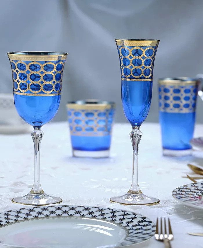 Lorren Home Trends Cobalt Blue White Wine Goblet with Gold-Tone Rings Set of 4