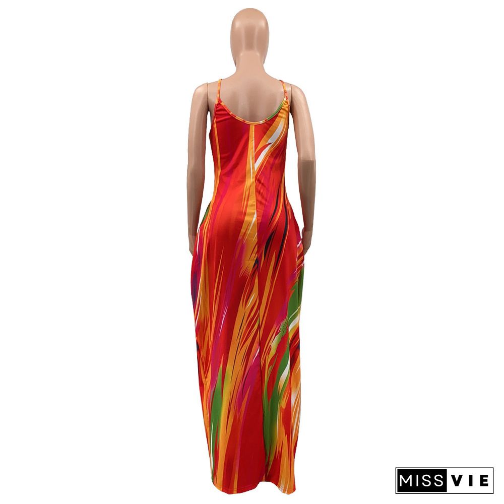 Tie Dye Print Loose Pockets Floor Length Dresses