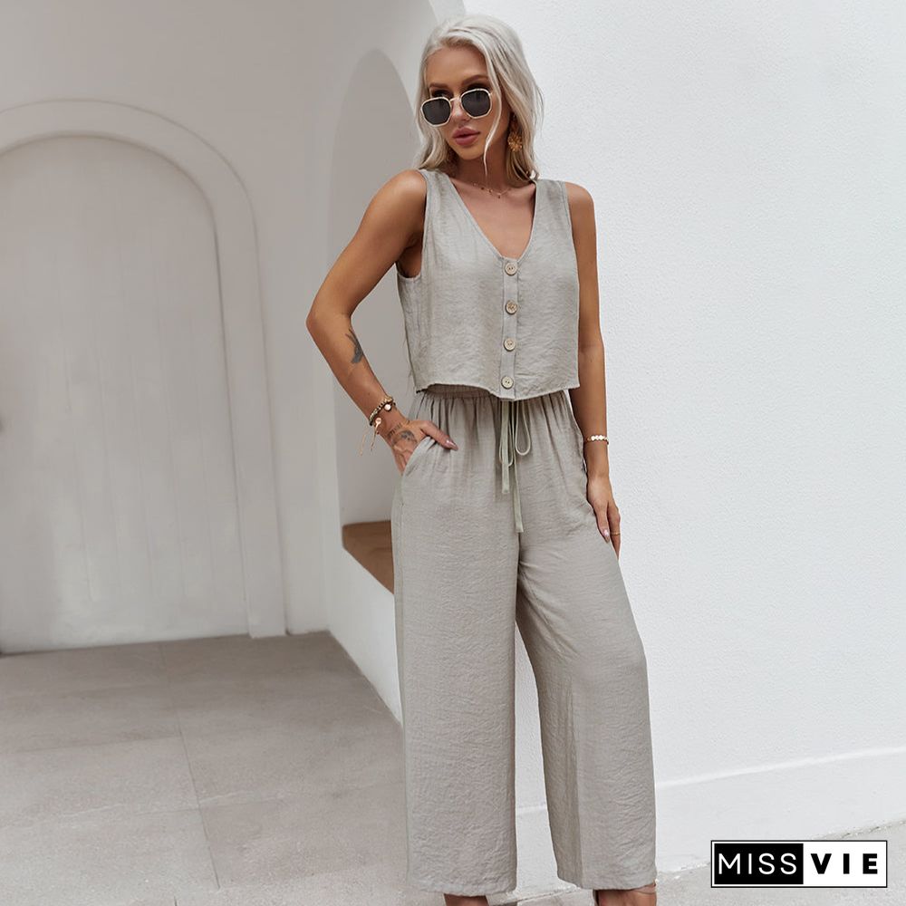 Sleeveless V Neck Button Top With Pants Set