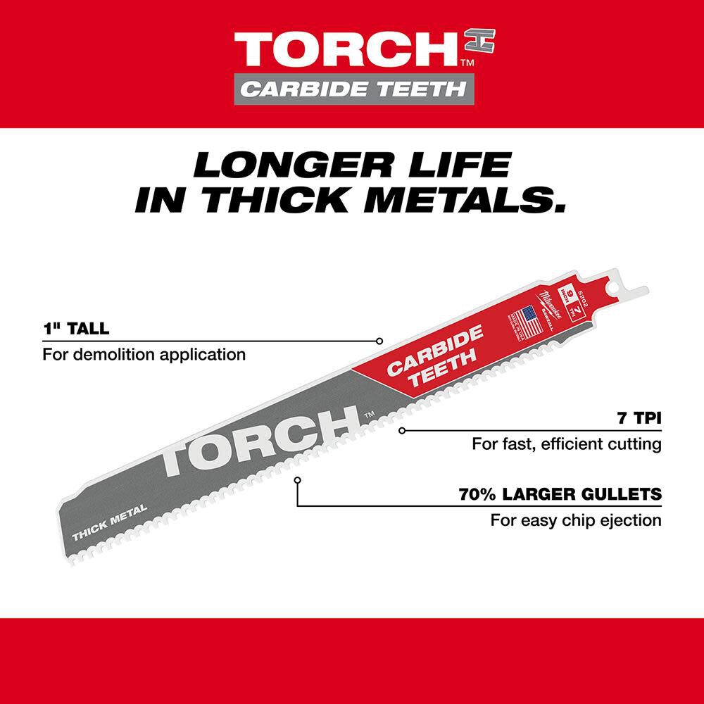 Milwaukee 9 in. 7TPI THE TORCH Carbide Teeth SAWZALL Blade 48-00-5202 from Milwaukee