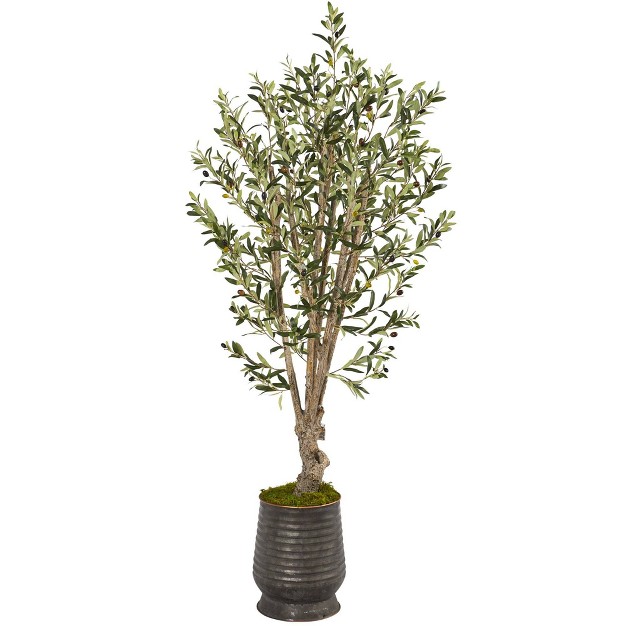 Nearly Natural 62-in Olive Artificial Tree In Ribbed Metal Planter