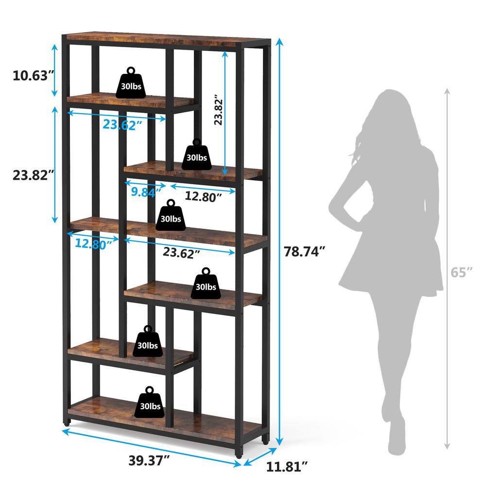 BYBLIGHT Eulas 79 in. Rustic Brown 10-Shelf Etagere Bookcase with Open Shelves 7-Tier Extra Tall Bookshelf for Home Office BB-U20-XL