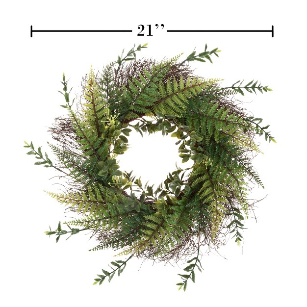 Artificial Fern Door Wreath On Grapevine Base 21 inch Uv resistant Greenery With Blossoms Slim Size For Front Porch Decor By Nature Spring green