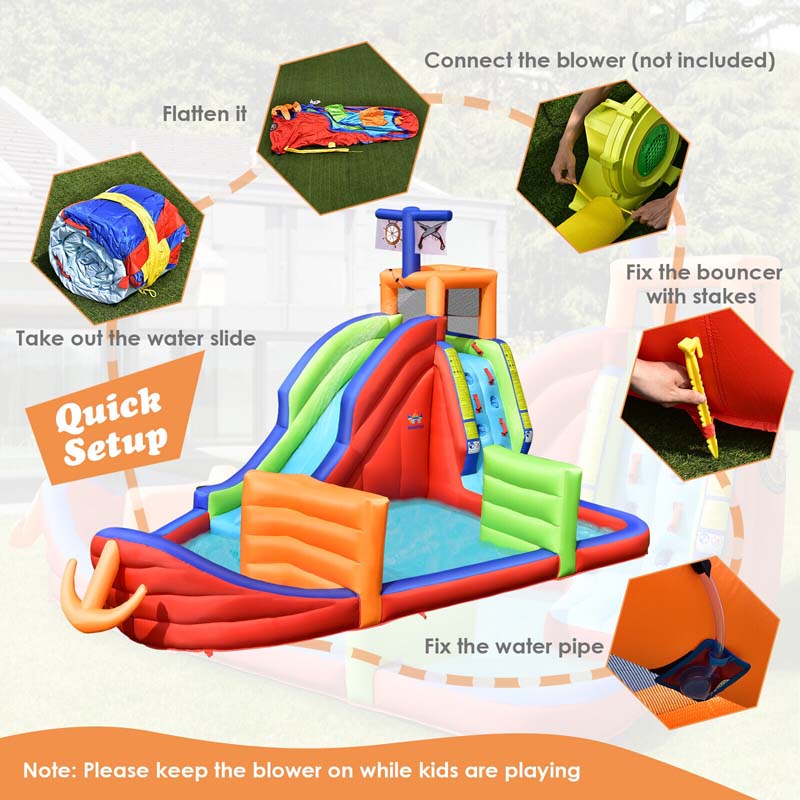 6-in-1 Pirate Ship Kids Giant Water Park Inflatable Bounce House Bouncy Castle with Long Water Slide