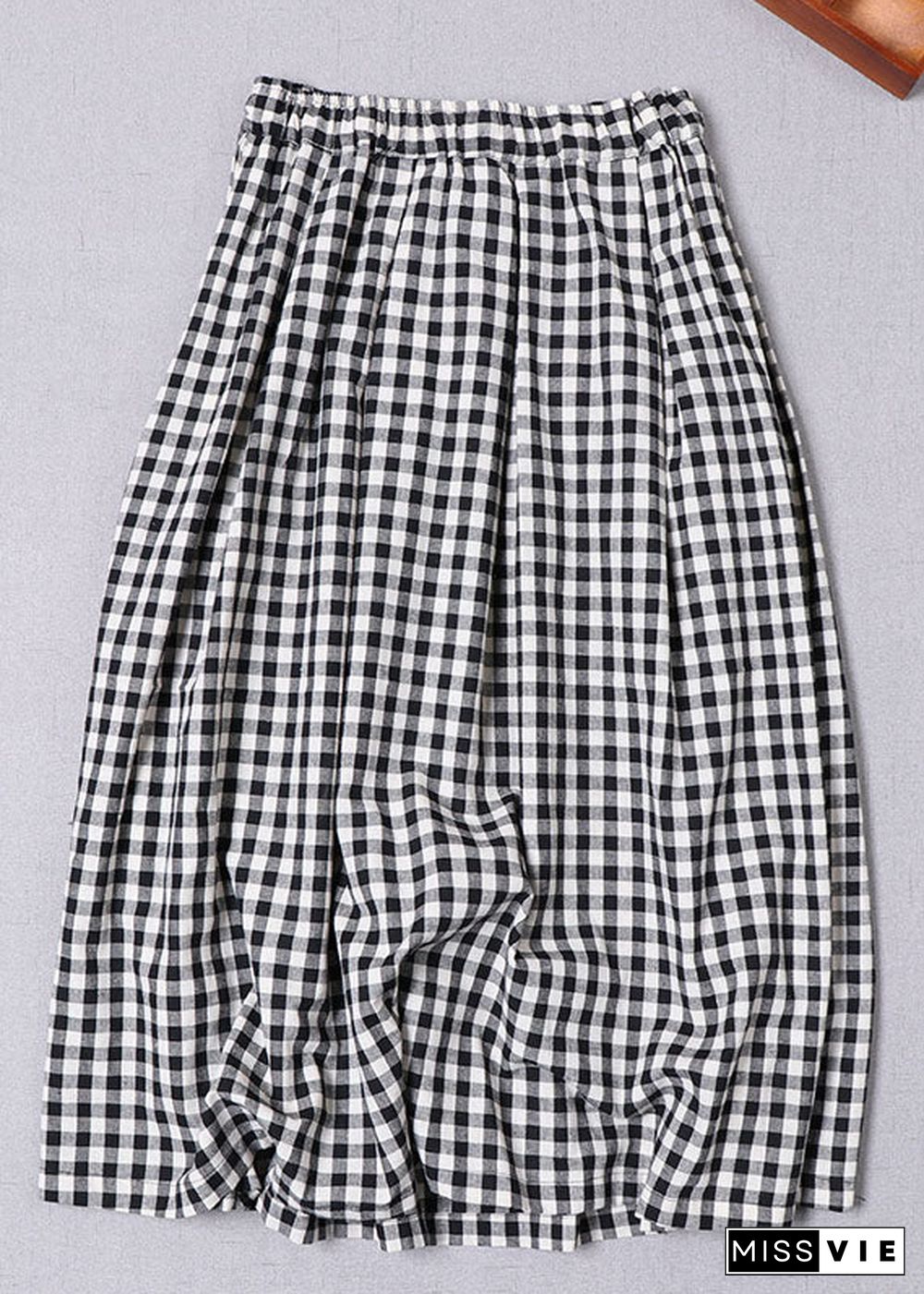 Plus Size Black Grey Plaid Cinched Pockets a line skirts Spring