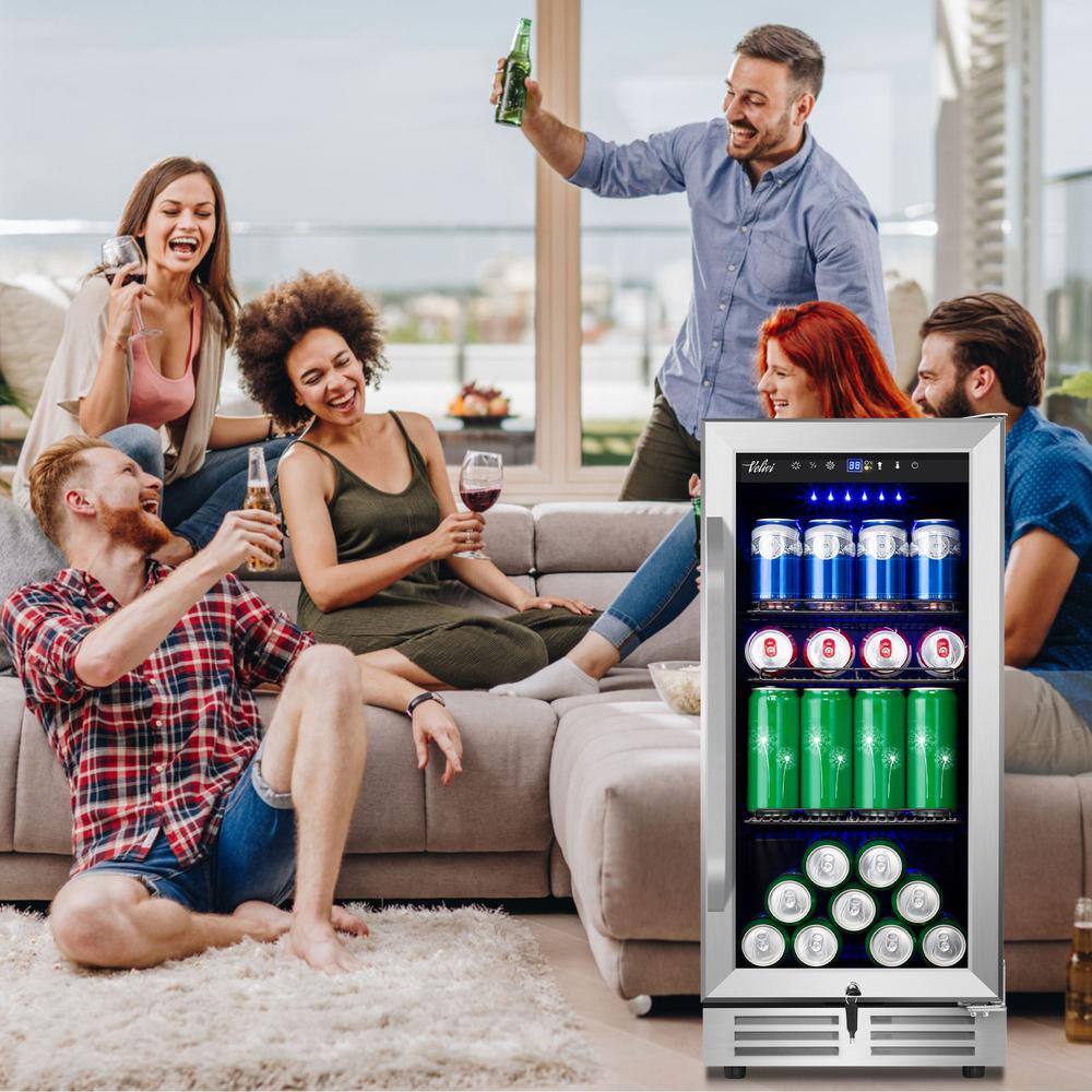 Velivi 15 in. 127 (12 oz.) Can Freestanding Beverage Cooler Fridge with Adjustable Shelves in Stainless Steel KMYL100HD