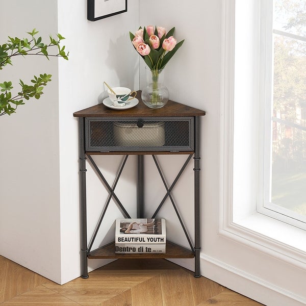 Set of 2 Industrial Triangle Side Table Corner Table with Storage Shelf， Rustic Brown