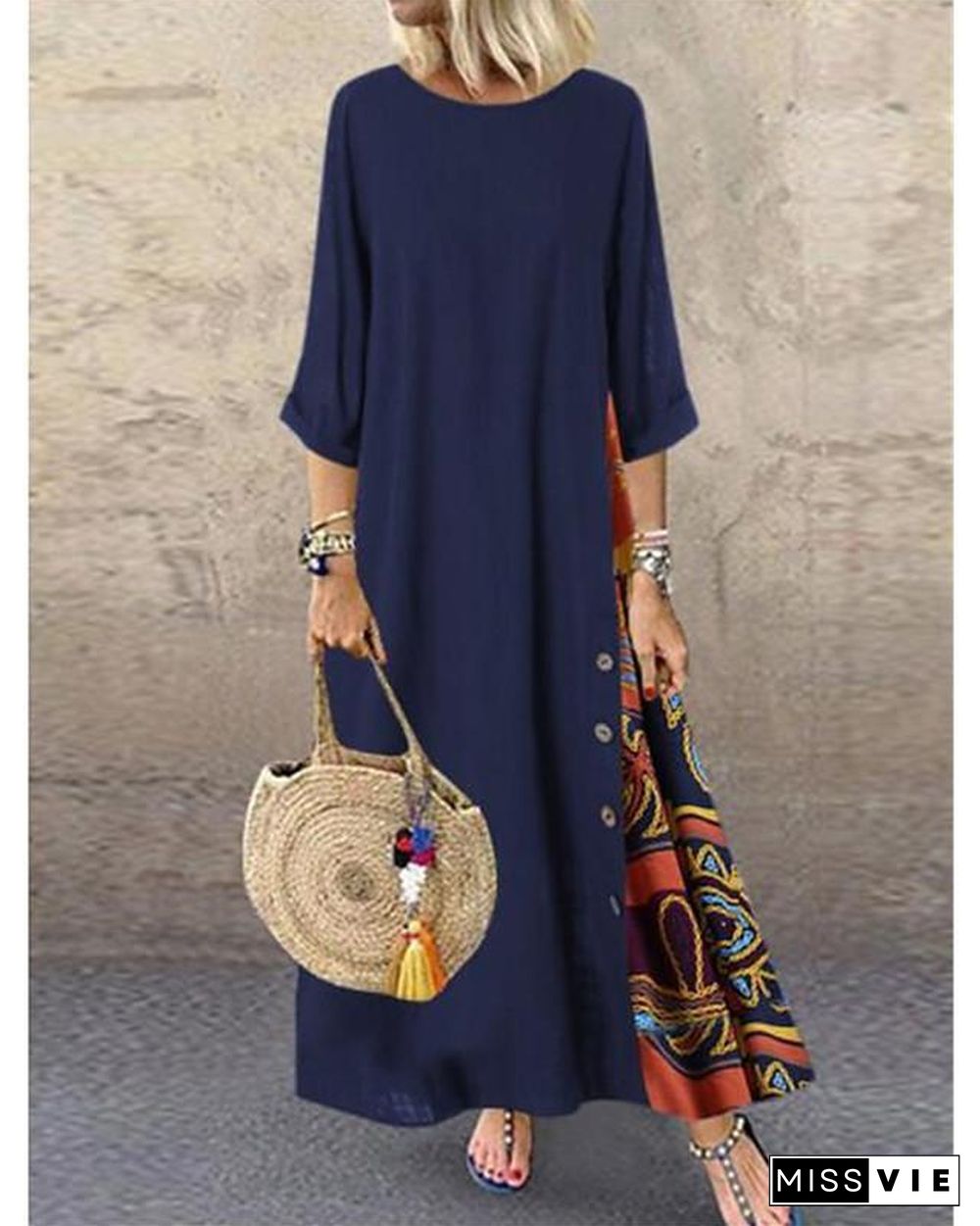 Women's Swing Dress Maxi long Dress - 3/4 Length Sleeve Print Print Spring & Summer Hot Casual Holiday vacation dresses Loose  Red Yellow Wine Army Green Navy Blue Gray L XL XXL 3XL 4XL 5XL