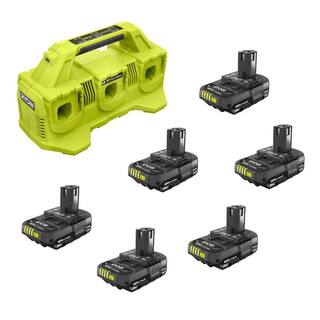 RYOBI ONE+ 18V Lithium-Ion 2.0 Ah Compact Battery (6-Pack) with 6-Port Charger PBP2006-PBP2006-PBP2006-PCG006