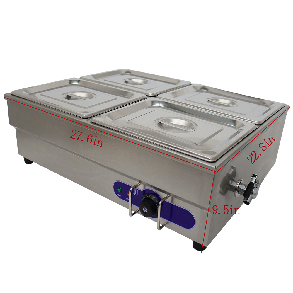 TECHTONGDA Commercial Food Warmer Squarish Stainless Steel Bain Marie Buffet Countertop 4-Well Electric Steam Heater